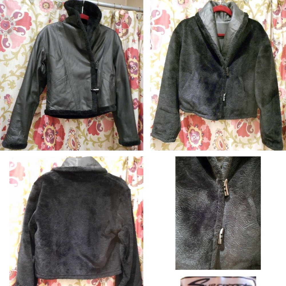 Vtg. 80's! SYBERTEK Black Leather & Faux Fur Reversible Jacket! M - Picture 2 of 2